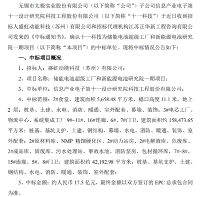 太極實業(yè)子公司十一科技中標(biāo)儲能電池超級工廠和新能源電池研究院一期項目 中標(biāo)金額約17.5億